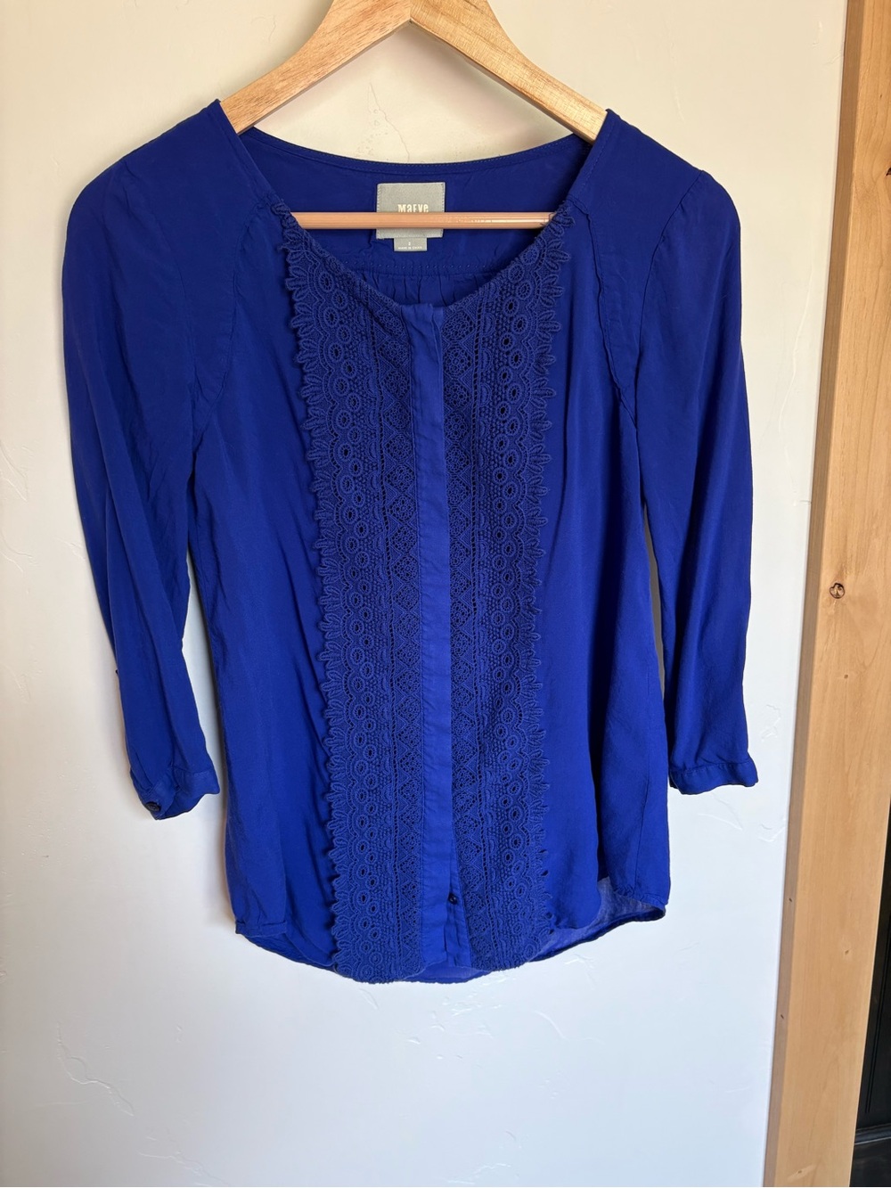 Maeve Anthropologie Cobalt Blue Lace Trim Rayon Blouse Size 2
